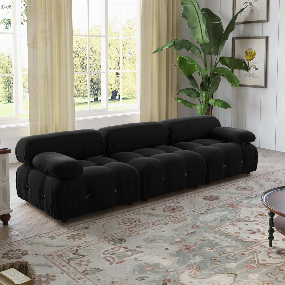 Matrix 3-Seater Black Modular Couch Sectional | 3-Piece, Velvet Fabric, Compact Design