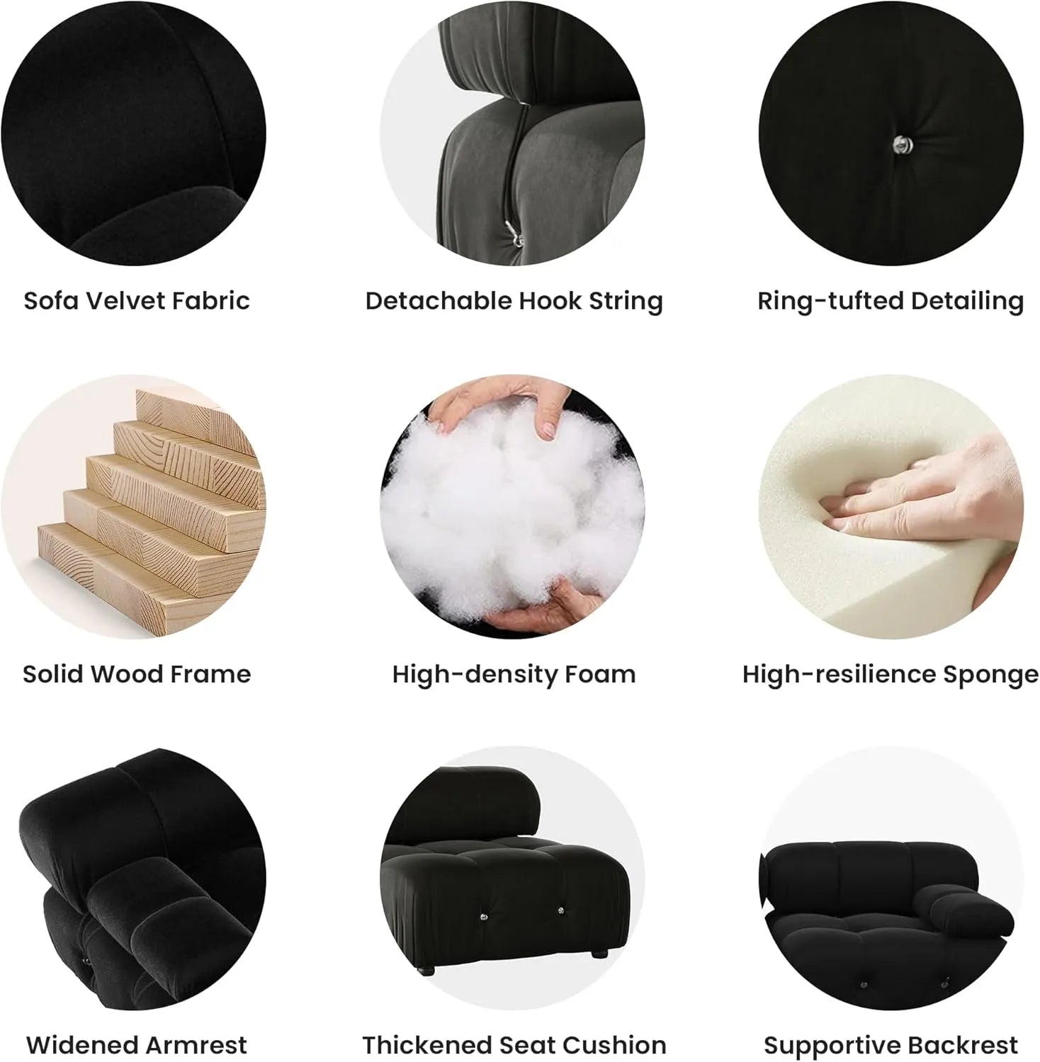 Sofá modular seccional Matrix de 4 plazas en color negro | 4 piezas, tela de terciopelo, gran capacidad