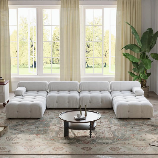 Matrix Minimalist Modular Sofas | Beige Velvet Couch Sectionals 4-seaters With 2 Ottoman