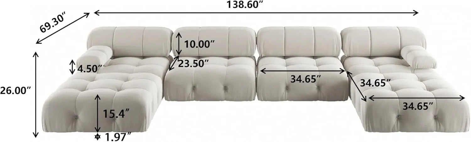Matrix 4-Seater Beige Modular U-Shaped Sectional | 6-Piece (includes 2 Ottomans), Velvet Fabric, Spacious Design
