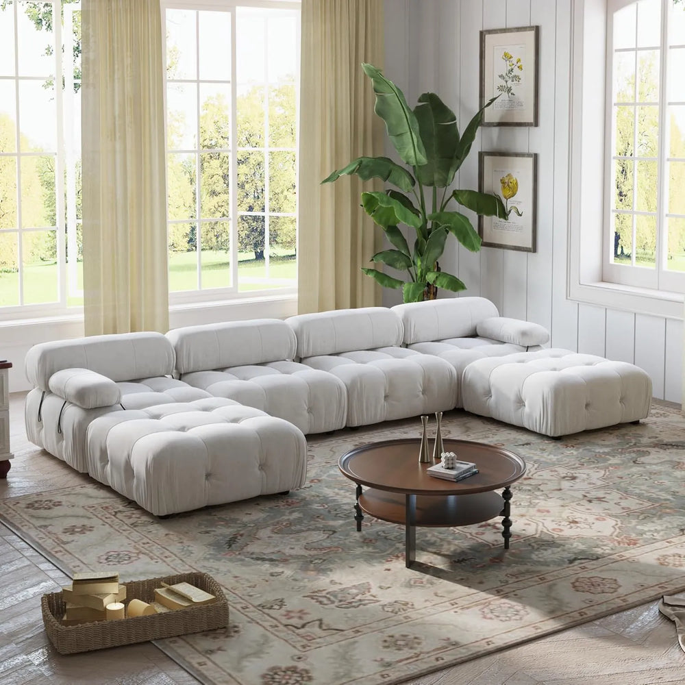 Matrix Minimalist Modular Sofas | Beige Velvet Couch Sectionals 4-seaters With 2 Ottoman