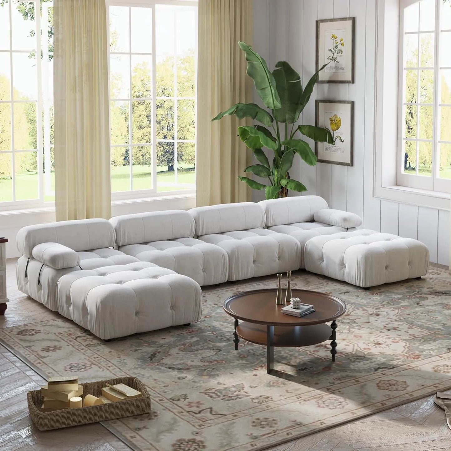 Matrix Minimalist Modular Sofas | Beige Velvet Couch Sectionals 4-seaters With 2 Ottoman