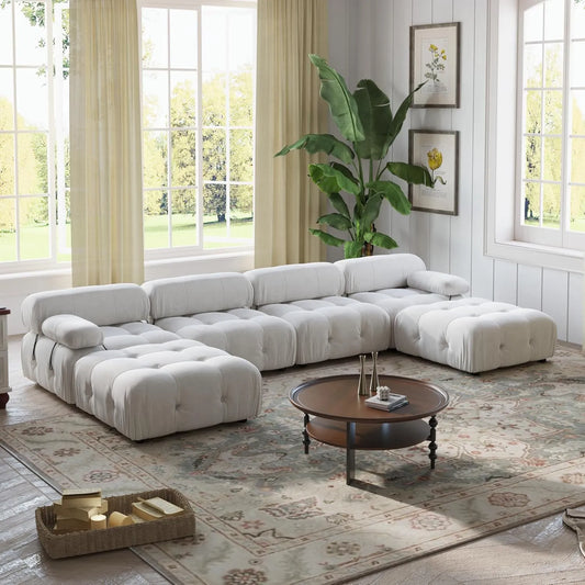 Matrix Minimalist Modular Sofas | Beige Velvet Couch Sectionals 4-seaters With 2 Ottoman