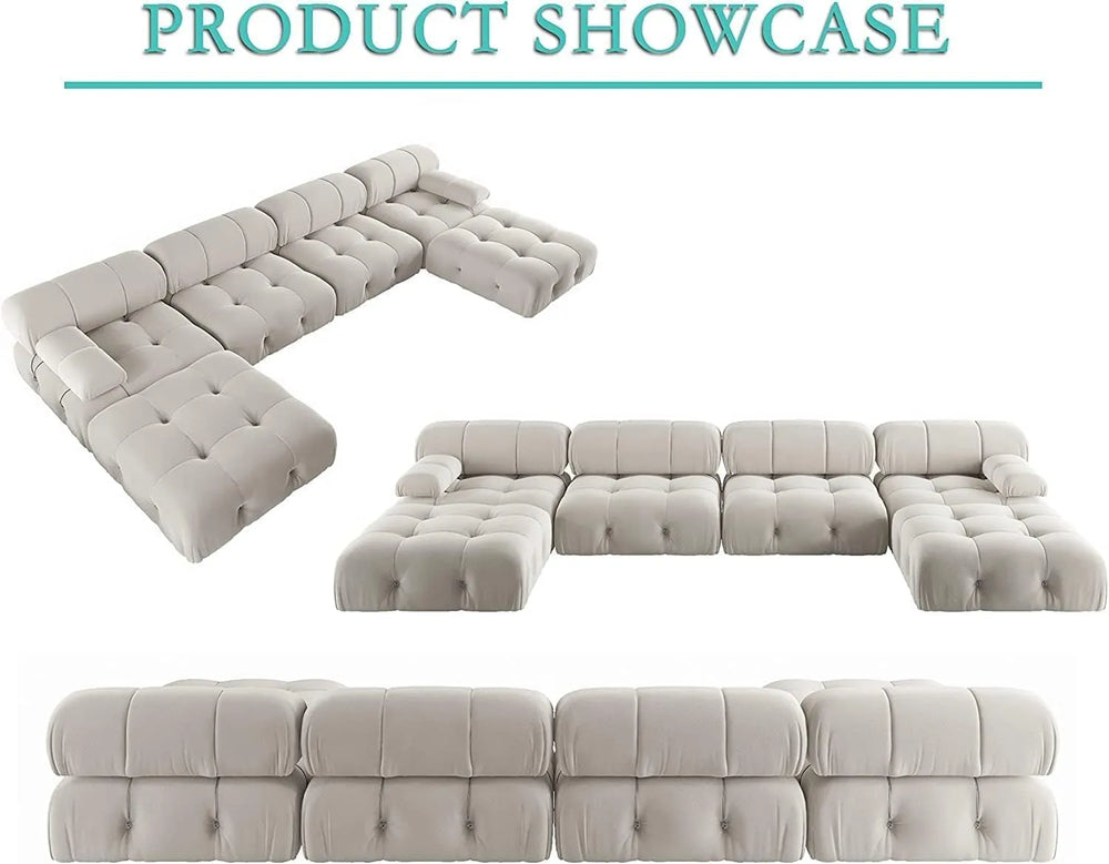 Matrix Minimalist Modular Sofas | Beige Velvet Couch Sectionals 4-seaters With 2 Ottoman