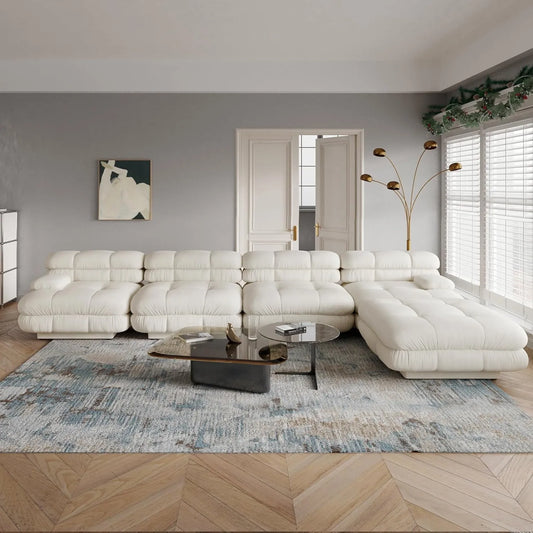 Matrix Italian Modular Sofas | Beige Teddy Velvet L shaped Sectionals 4-seaters with 1 Ottoman