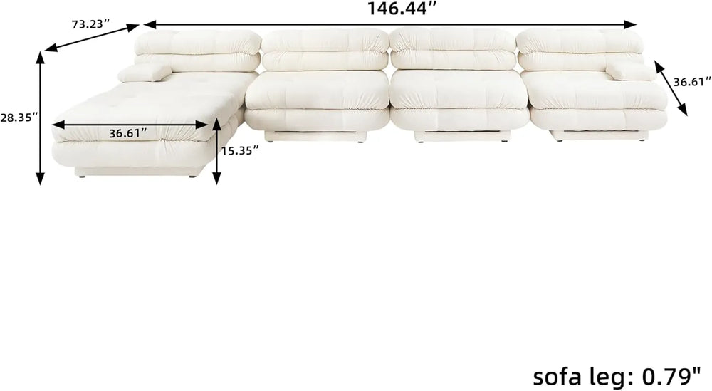 Matrix Italian Modular Sofas | Beige Teddy Velvet L shaped Sectionals 4-seaters with 1 Ottoman