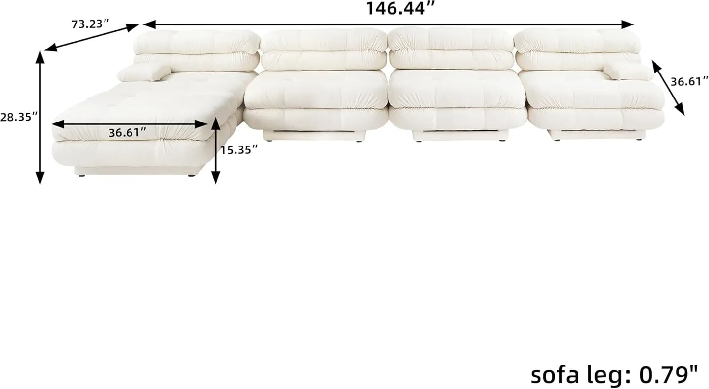 Matrix Italian Modular Sofas | Beige Teddy Velvet L shaped Sectionals 4-seaters with 1 Ottoman