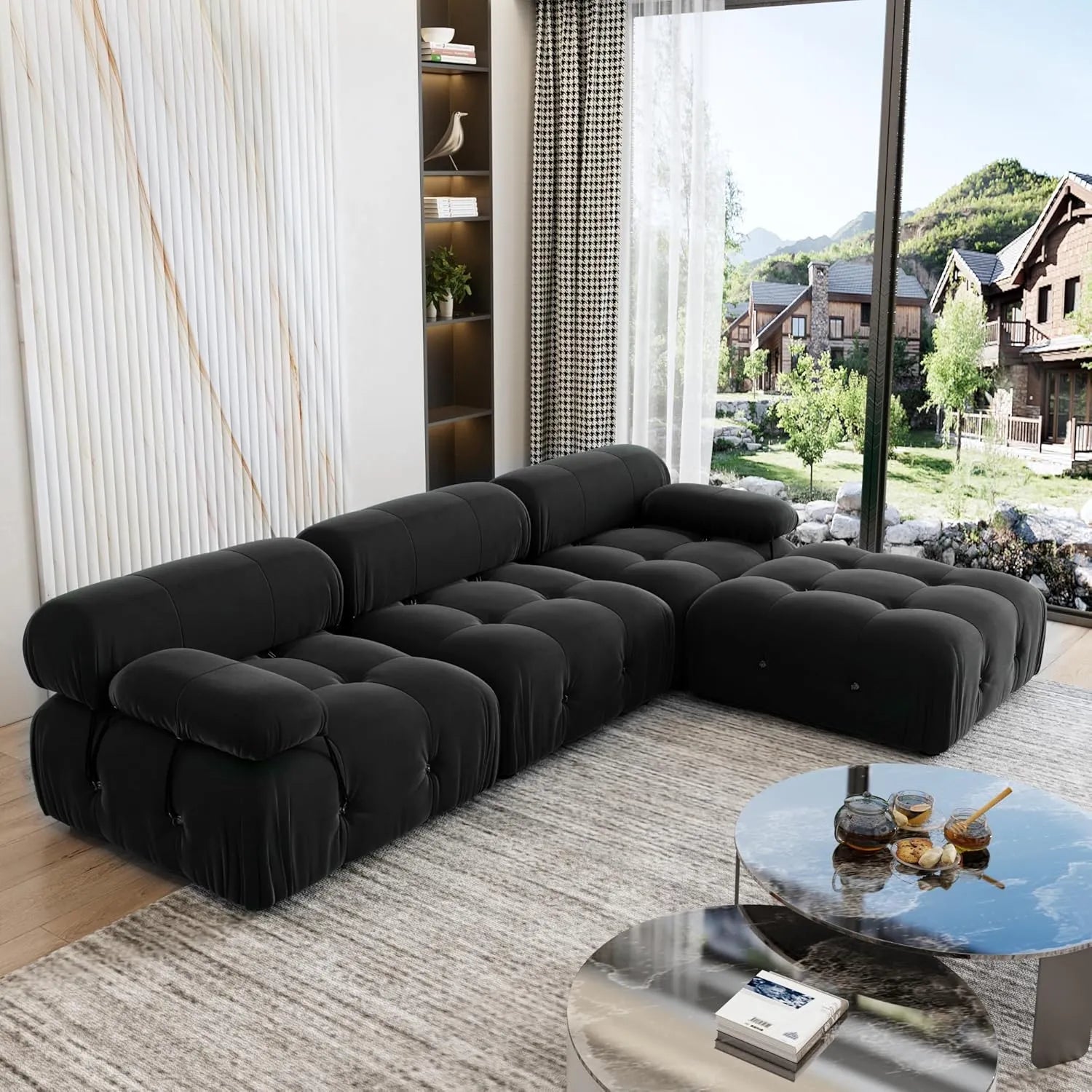 Matrix 3-Seater Black Modular L-Shaped Sectional | 4-Piece (includes 1 Ottoman), Velvet Fabric, Roomy Layout