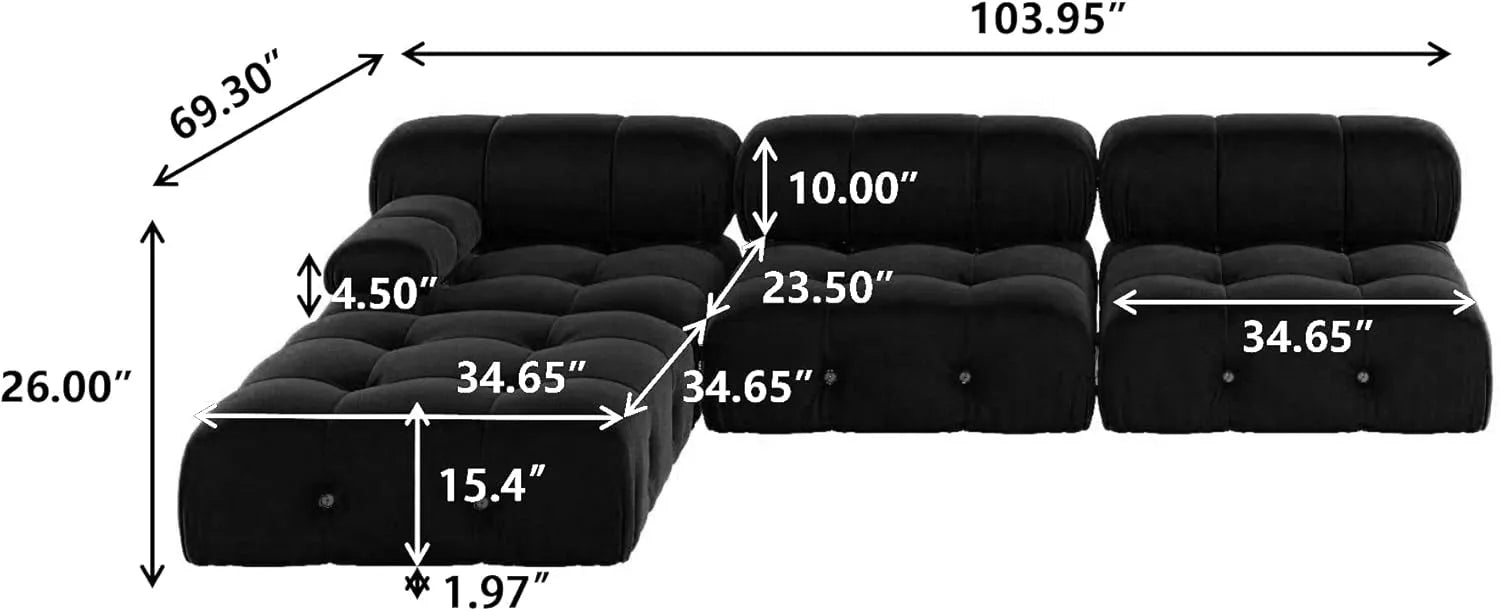 Matrix 3-Seater Black Modular L-Shaped Sectional | 4-Piece (includes 1 Ottoman), Velvet Fabric, Roomy Layout