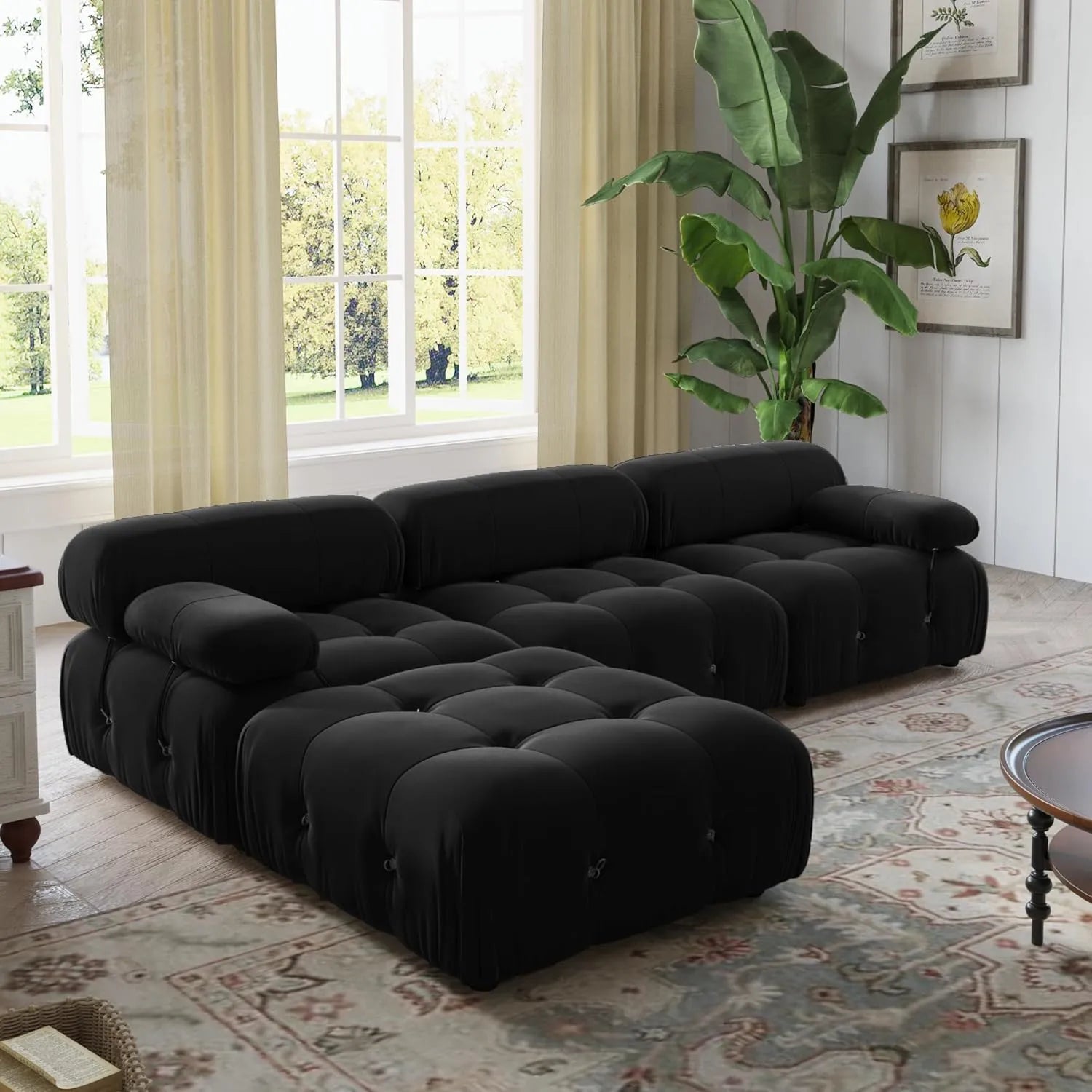 Matrix 3-Seater Black Modular L-Shaped Sectional | 4-Piece (includes 1 Ottoman), Velvet Fabric, Roomy Layout