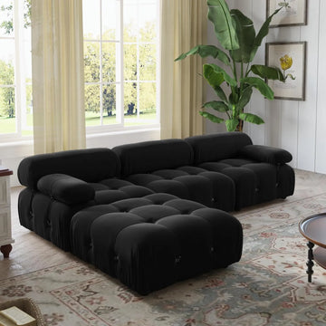 Sofá modular en forma de L Matrix de 3 plazas, color negro | 4 piezas (incluye 1 otomana), tejido de terciopelo, diseño espacioso