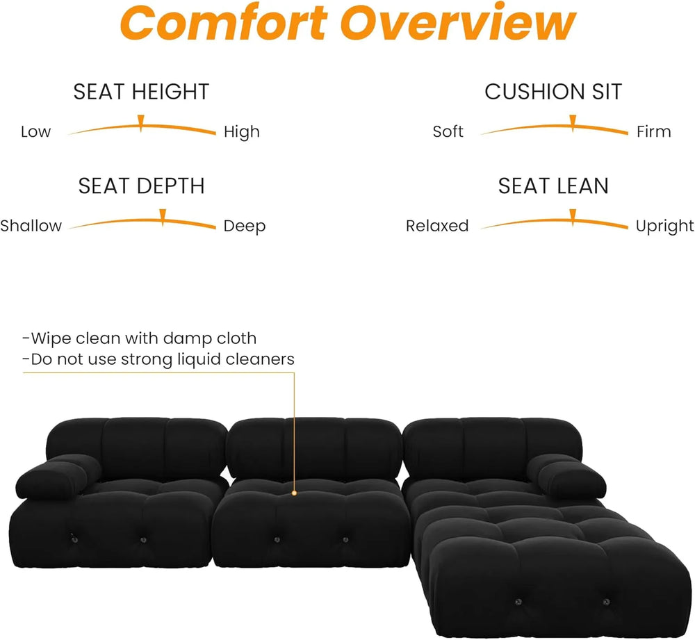 Matrix Minimalist Modular Sofas | Black Velvet Couch Sectionals 3-seaters with 1 Ottoman