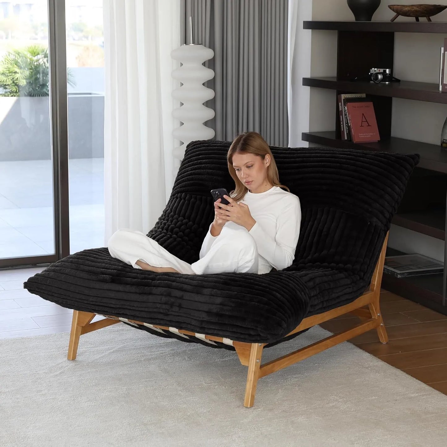 Pillow Lazy Sofas | 47-Inch Plush Pillow Accent Chair Solid Wood Frame - Black