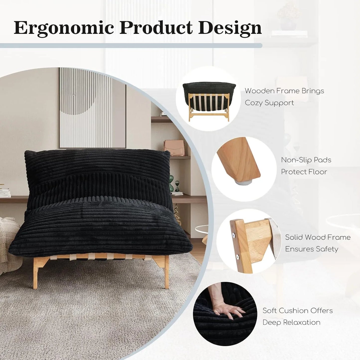 Pillow Lazy Sofas | 47-Inch Plush Pillow Accent Chair Solid Wood Frame - Black
