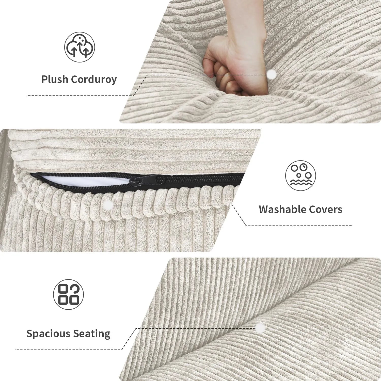 Sofá seccional lavable Matrix de 3 plazas en color beige | 3 piezas, tela de pana, diseño modular