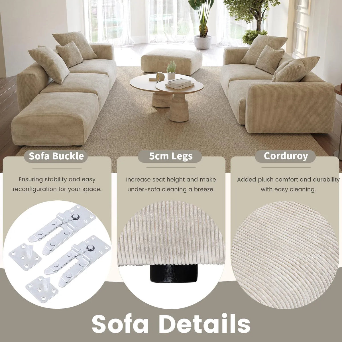 Sofá modular Matrix de 3 plazas, color beige, lavable, en forma de U | Juego de 5 piezas (incluye 2 otomanas), tejido de pana, diseño modular