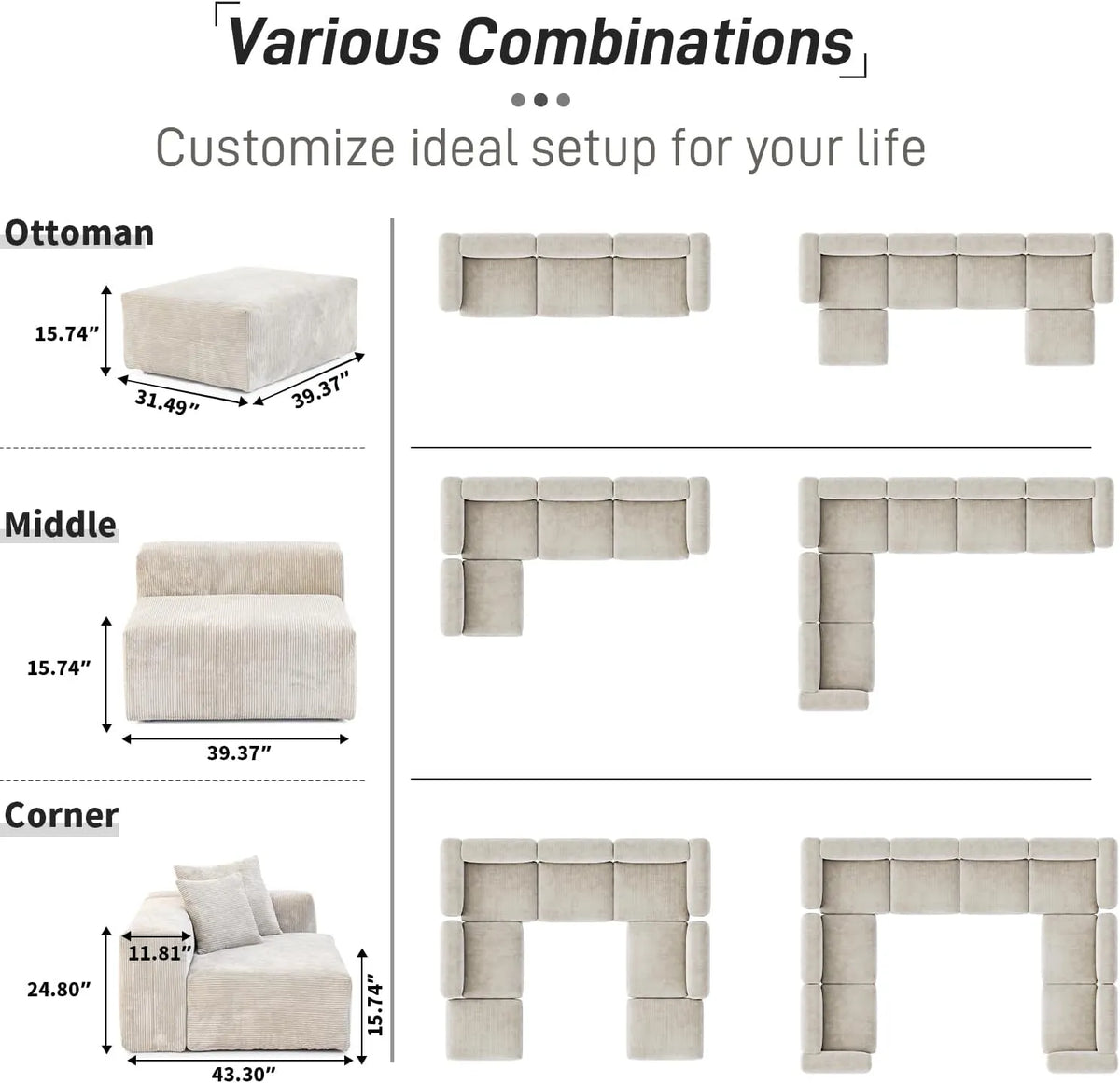 Sofá modular Matrix de 3 plazas, color beige, lavable, en forma de U | Juego de 5 piezas (incluye 2 otomanas), tejido de pana, diseño modular