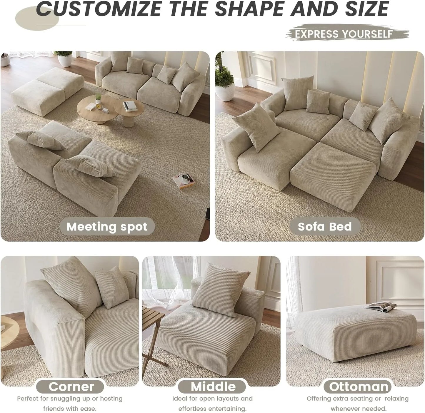 Matrix Modern Modular Sofas | Beige Corduroy Couch Sectionals 4-seaters
