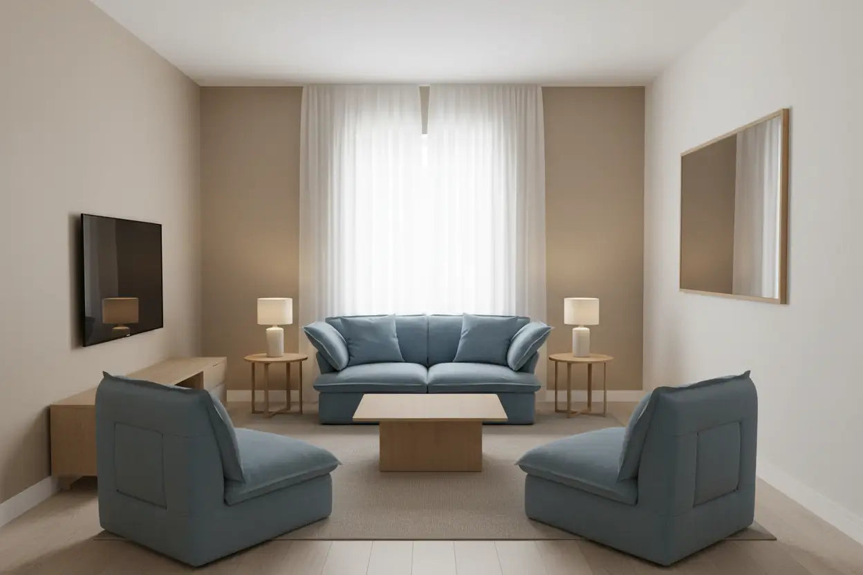 Wall Hugging Furniture Plan for Compact Rectangle Living Rooms