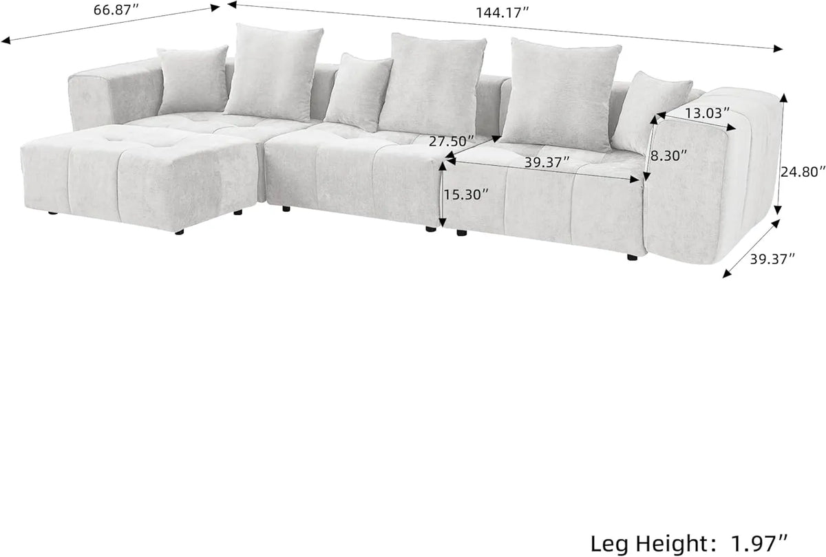 Matrix 3-Seater White Sofa Set | 4-Piece (Includes 1 Ottoman), Linen Fabric
