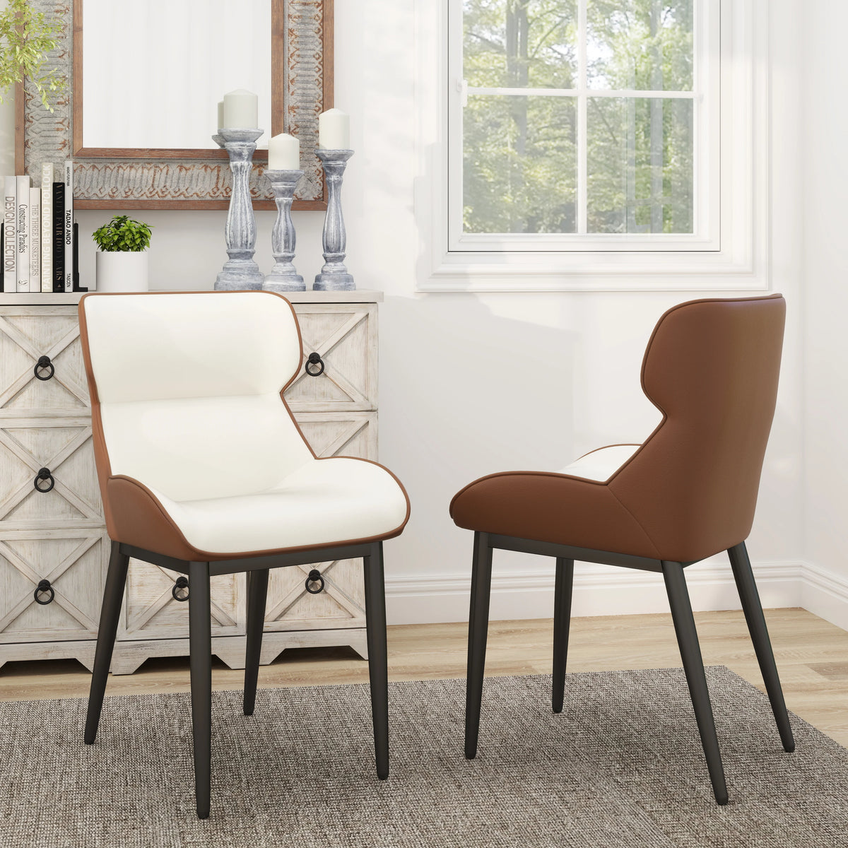 Silla de comedor vegana con respaldo completo | Juego de 2 sillas de cuero blanco