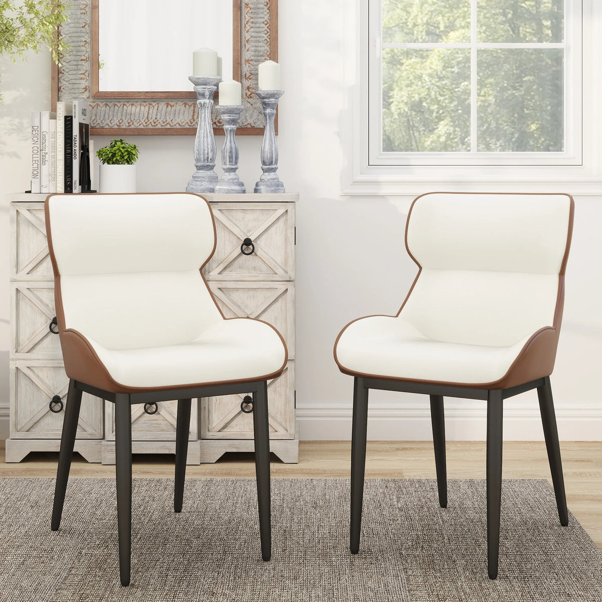 Silla de comedor vegana con respaldo completo | Juego de 2 sillas de cuero blanco