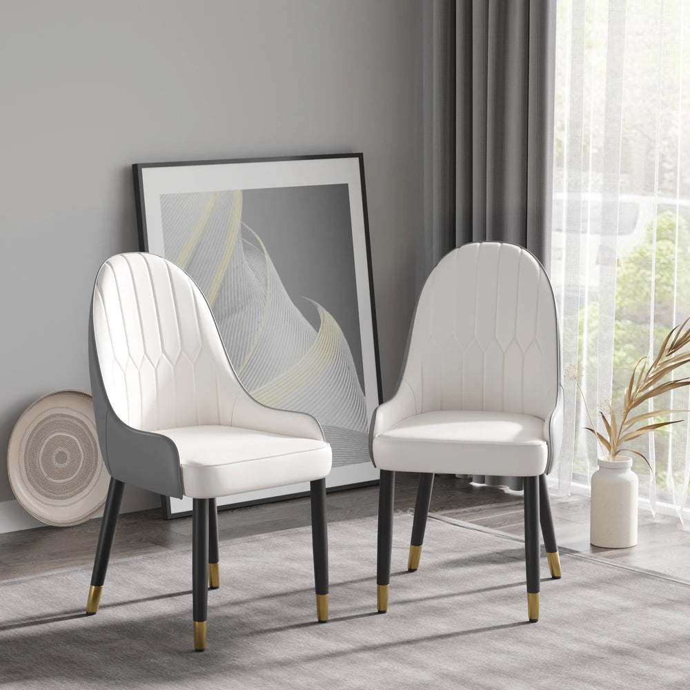 Vegan Full Back Dining Chair | White PU Leather Gray Back Set of 2