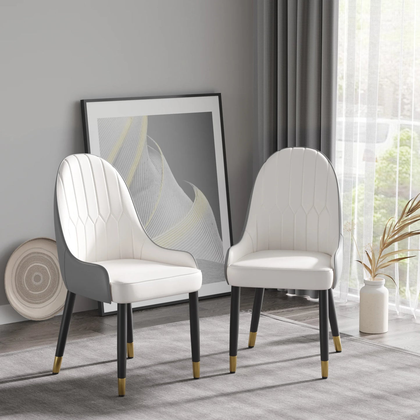 Vegan Full Back Dining Chair | White PU Leather Gray Back Set of 2