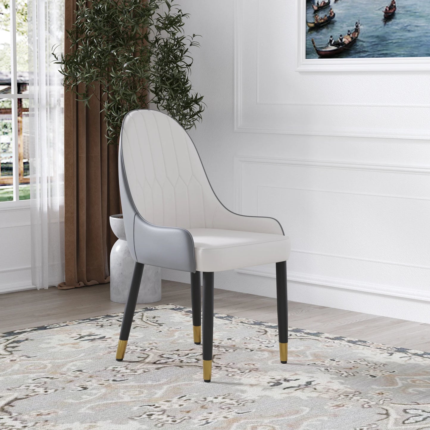 Vegan Full Back Dining Chair | White PU Leather Gray Back Set of 2