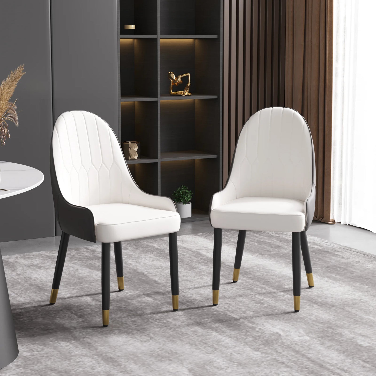 Silla de comedor vegana con respaldo completo | Juego de 2 sillas de cuero sintético blanco
