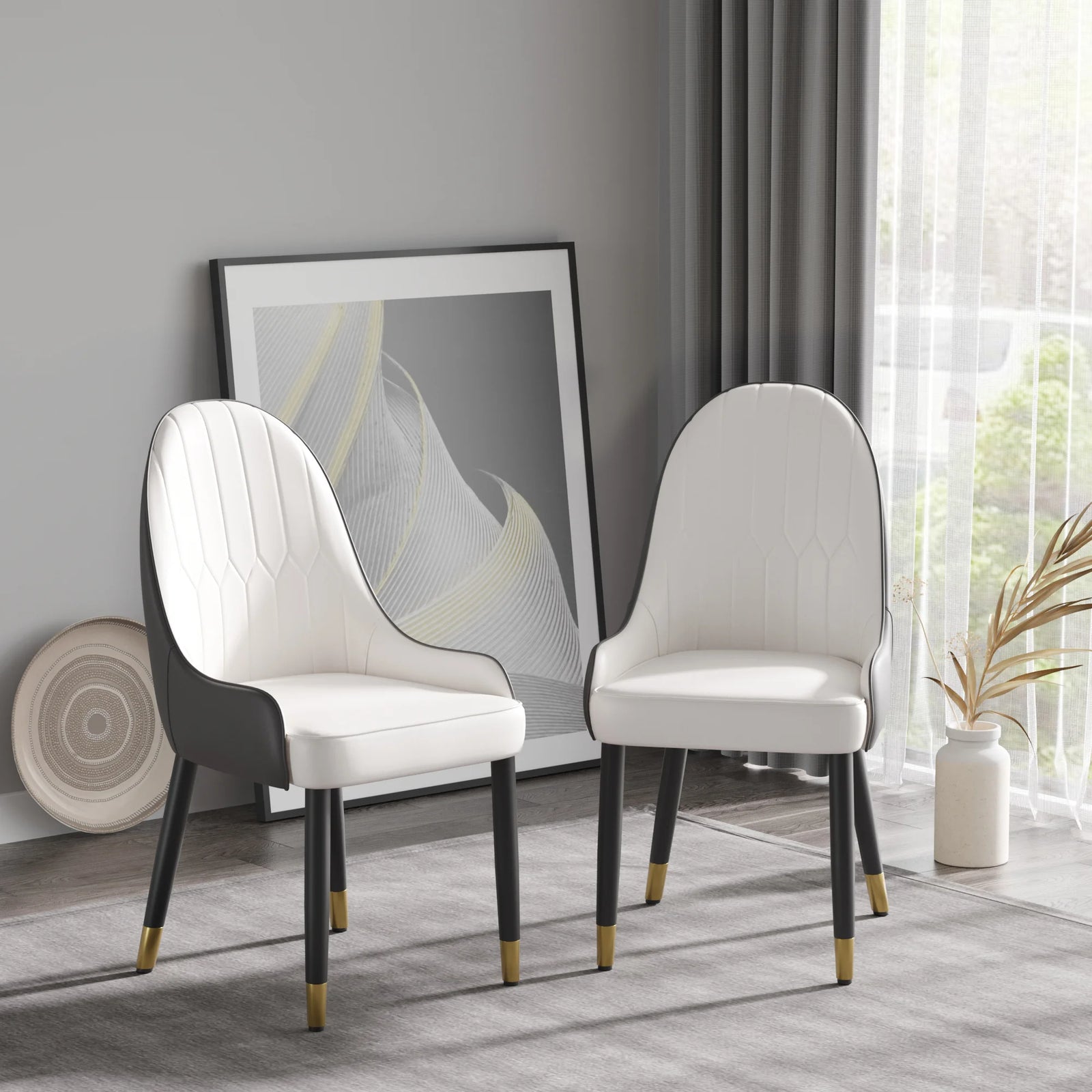 Silla de comedor vegana con respaldo completo | Juego de 2 sillas de cuero sintético blanco