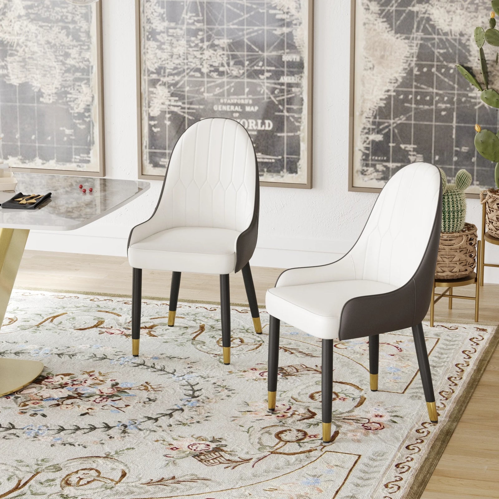 Silla de comedor vegana con respaldo completo | Juego de 2 sillas de cuero sintético blanco