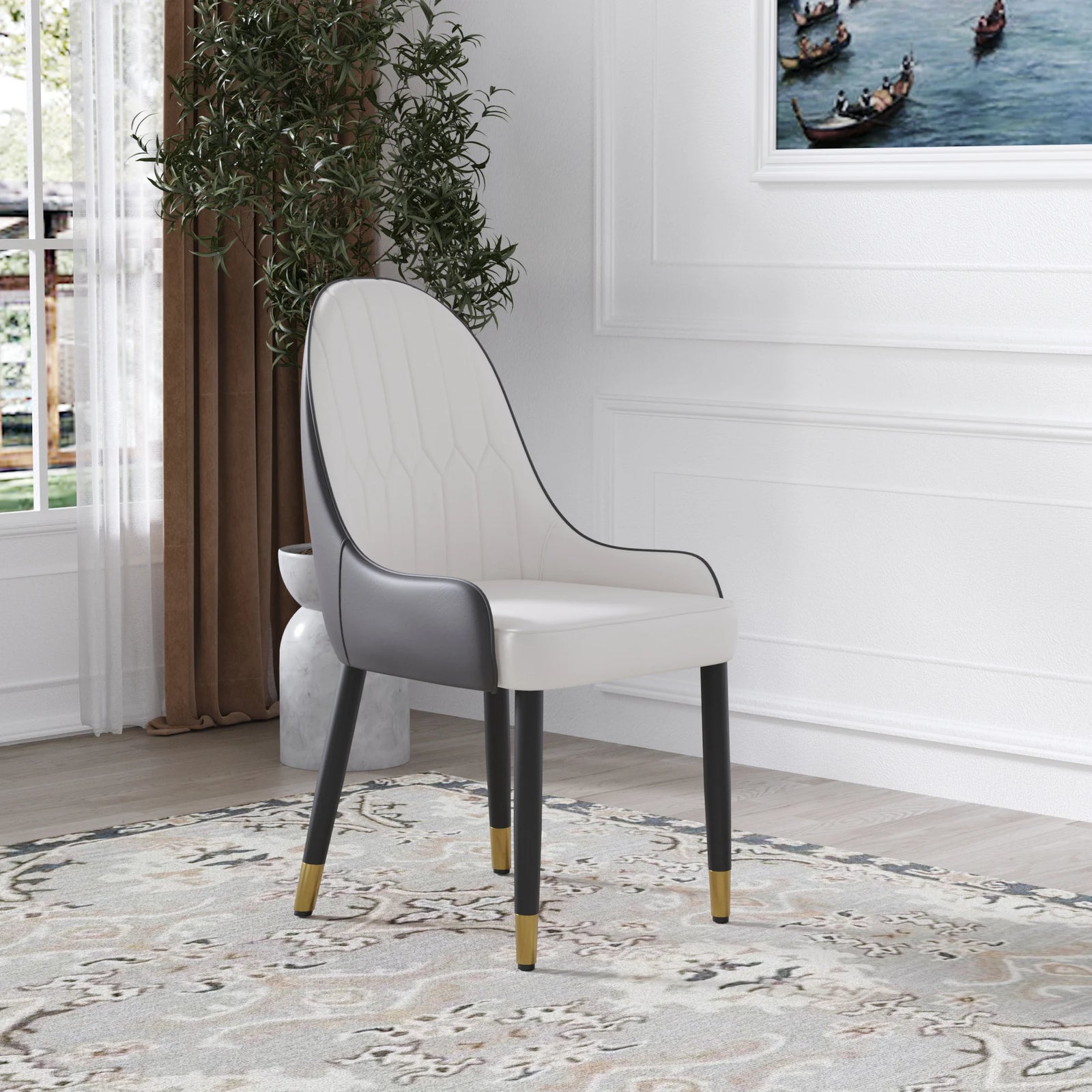 Silla de comedor vegana con respaldo completo | Juego de 2 sillas de cuero sintético blanco