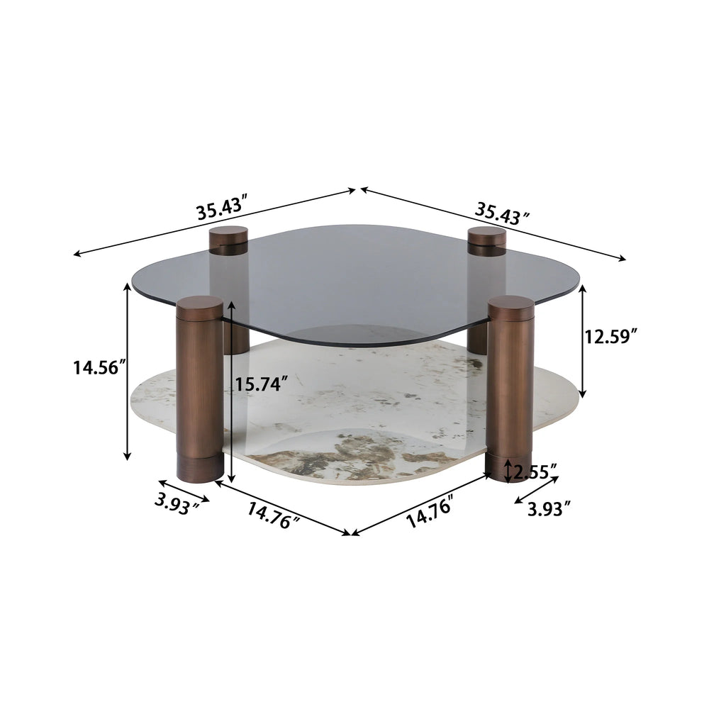 Zenith Glass Coffee Table | 36" Copper Square With Storage Shelf