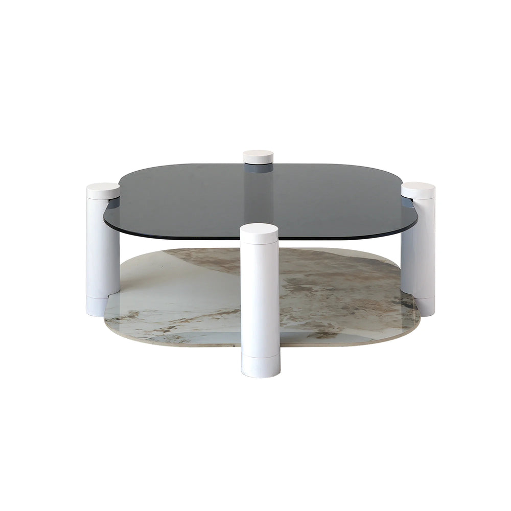 Zenith Glass Coffee Table | 36" Ivory Square With Storage Shelf