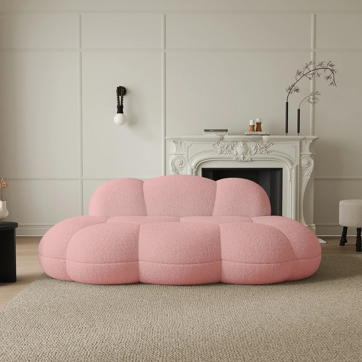 a picture of a pink boneless sofa in a modern living room