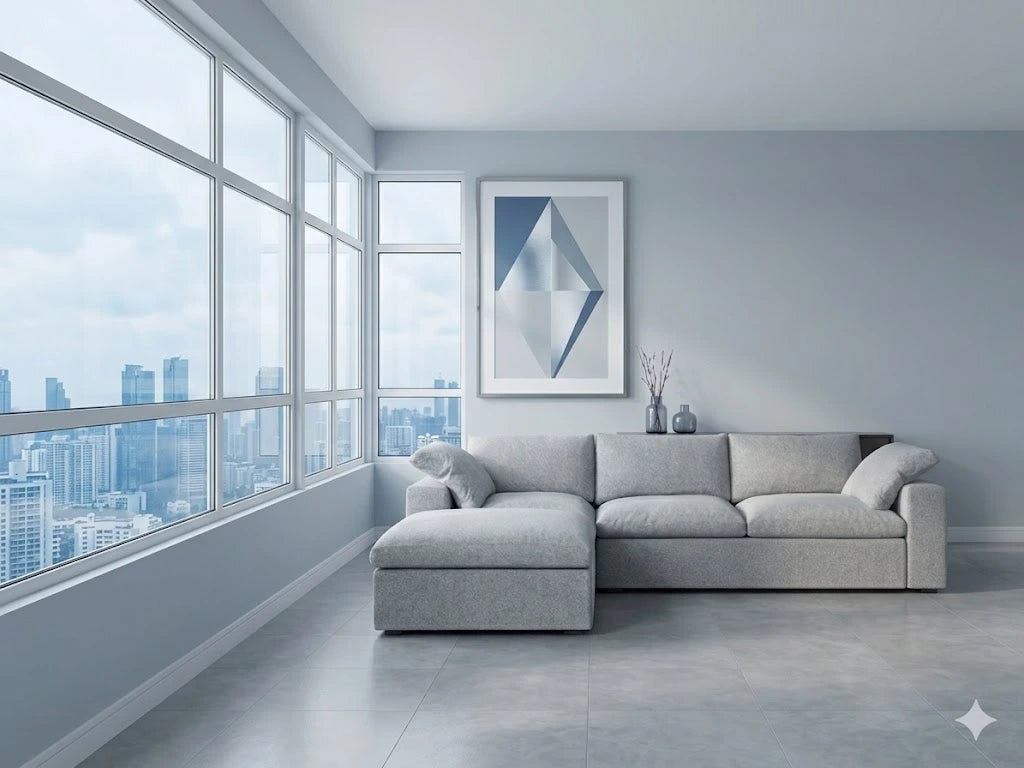 a picture of a sectional sofa in cool grey living room