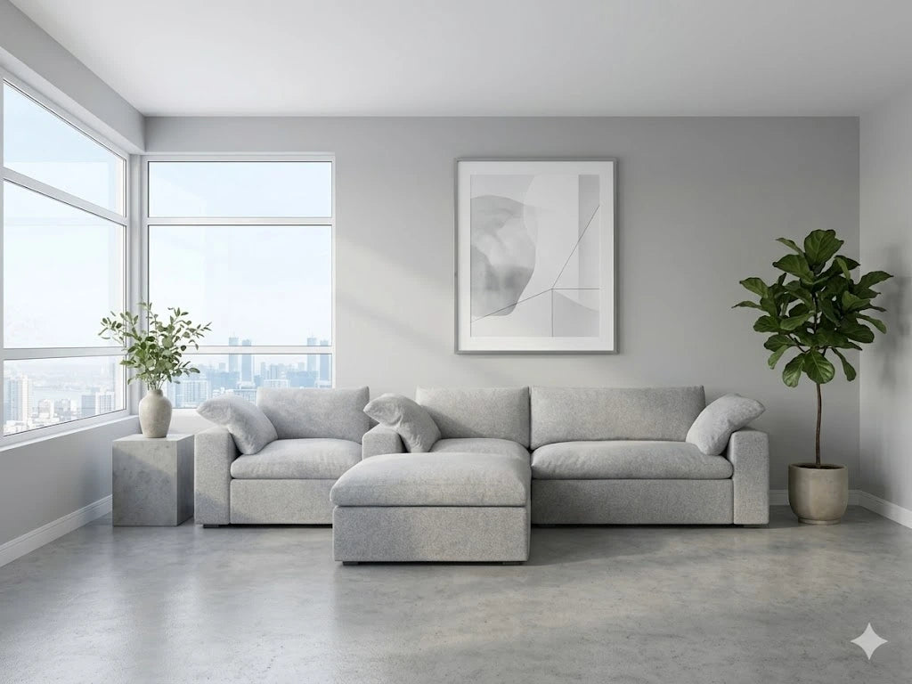 a picture of a sectional sofa in neutral grey living room