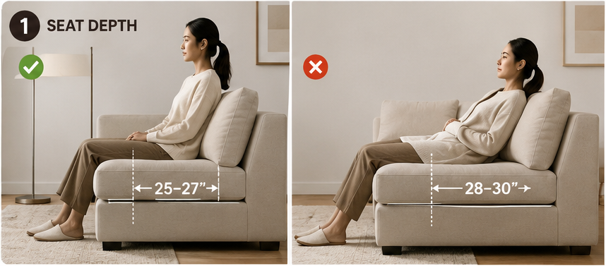 a picture of a women sitting on a comfortable sofa with different seat depths