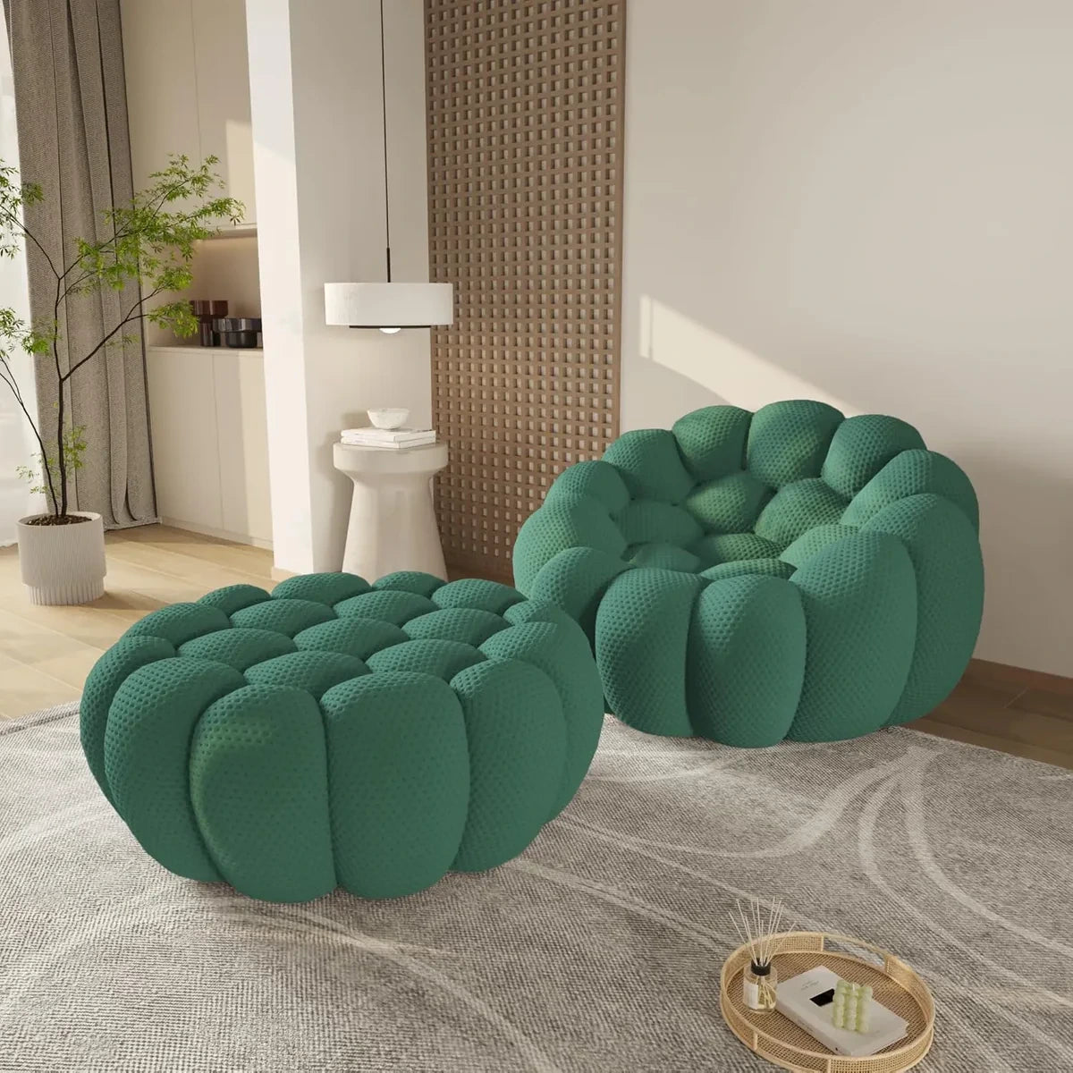 a picture of green boneless sofa in a living room