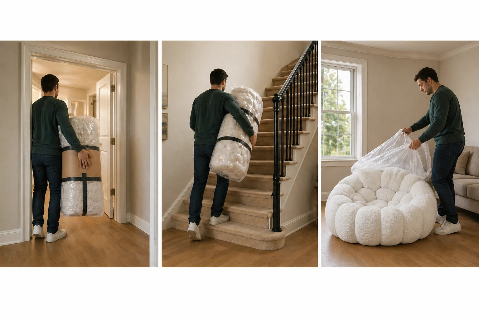 a picture showing a man holding a boneless sofa and put it into a living room