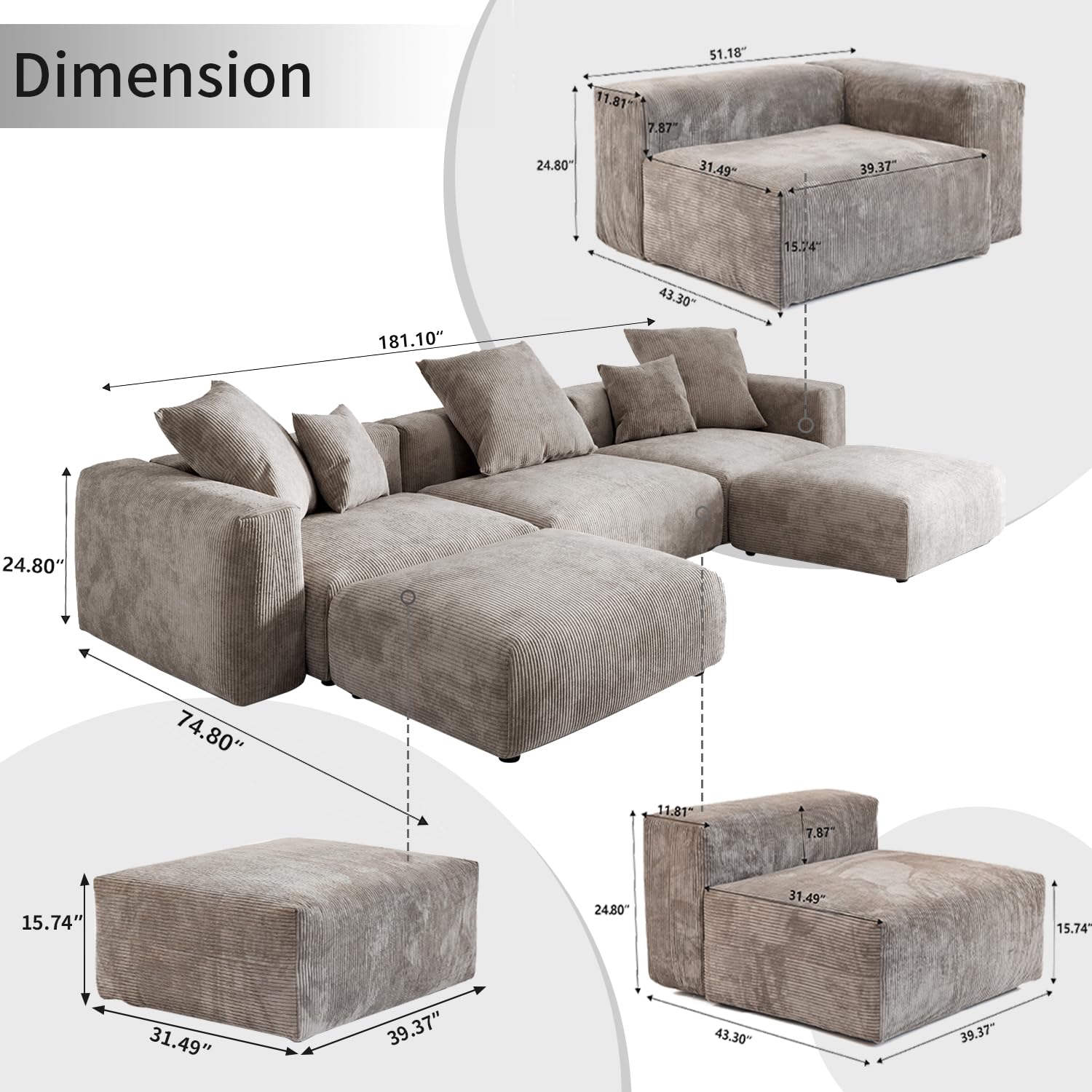 Modular Sectional Couch Sofa with 4 Pillows, 102" L Shaped Sofa Couch with Chaise Ottomans,Corduroy Fabric Couches (Beige)