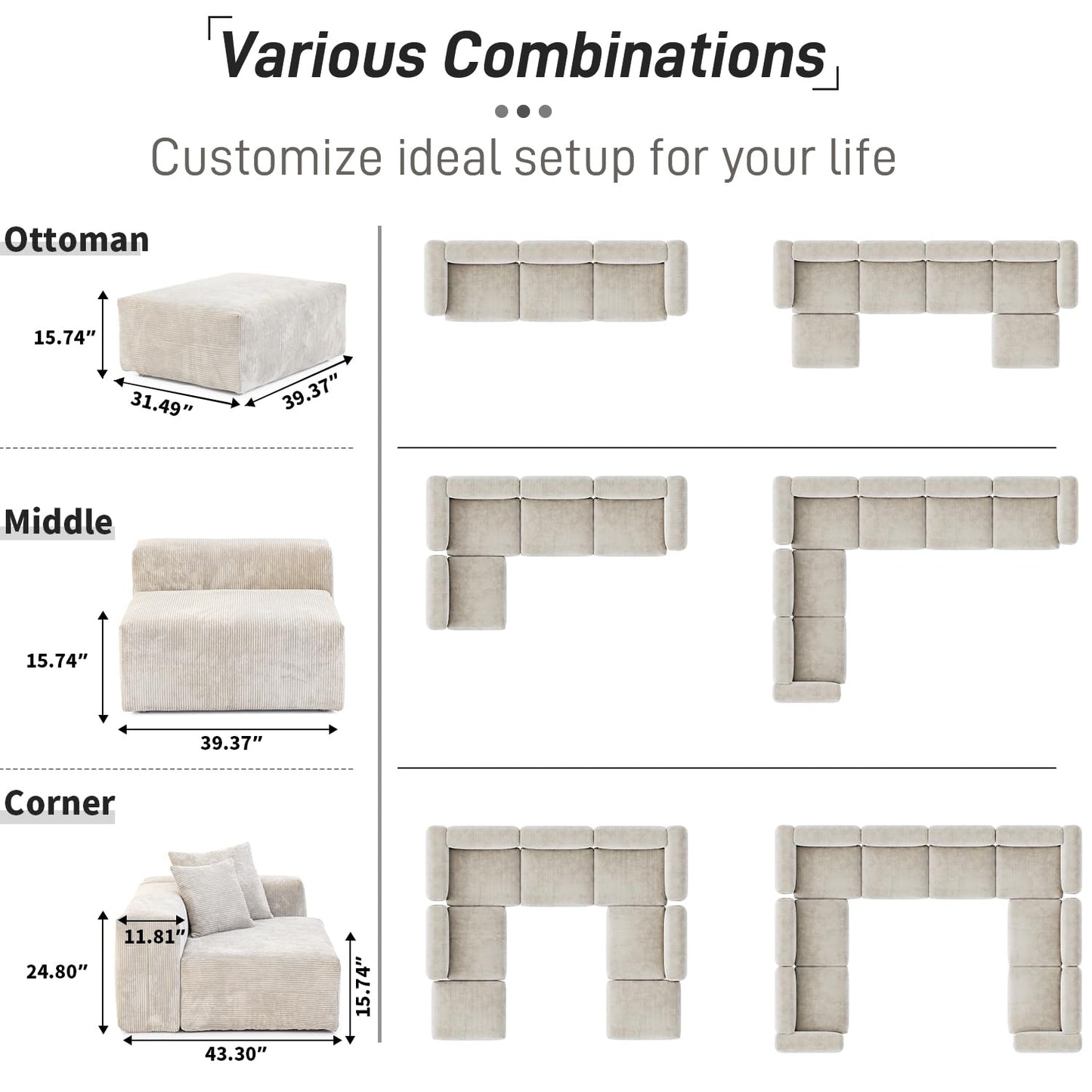 Modular Sectional Couch Sofa with 4 Pillows, 102" L Shaped Sofa Couch with Chaise Ottomans,Corduroy Fabric Couches (Beige)