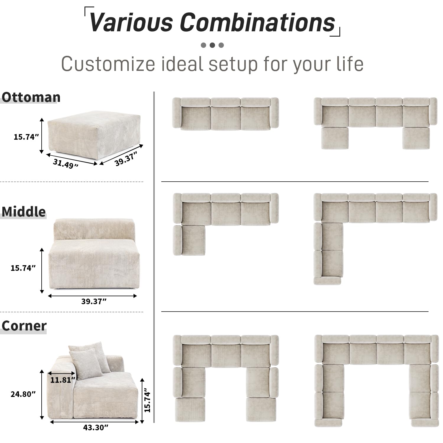 Modular Sectional Couch Sofa with 4 Pillows, 102" L Shaped Sofa Couch with Chaise Ottomans,Corduroy Fabric Couches (Beige)