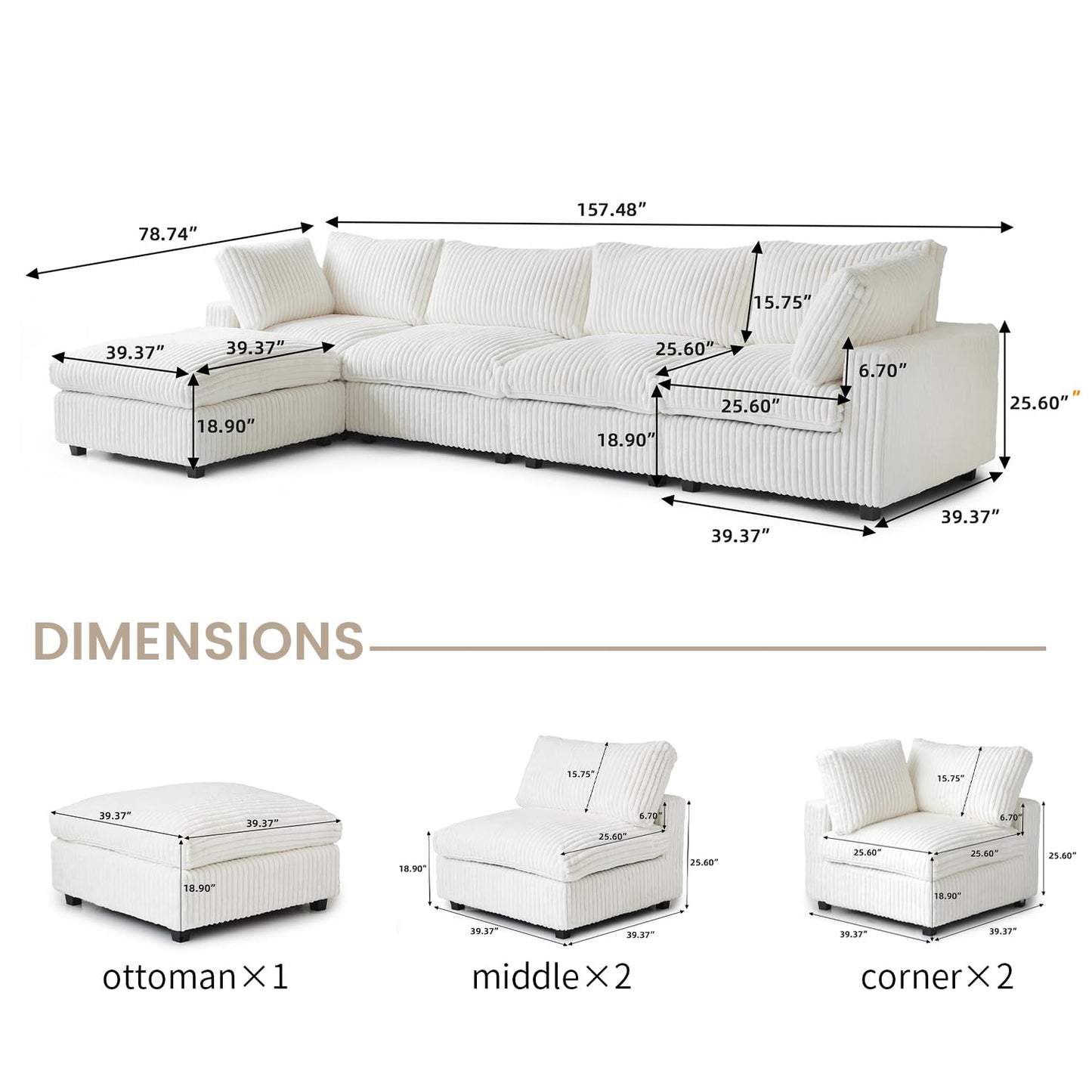 Cloud Couch Modular Sectional Sofa,157" Oversized U Shaped Couch with Ottoman,6 Seater Convertible Sofa,Comfy Plush Couches for Living Room,Covers Washable&amp;Replaceable (White)