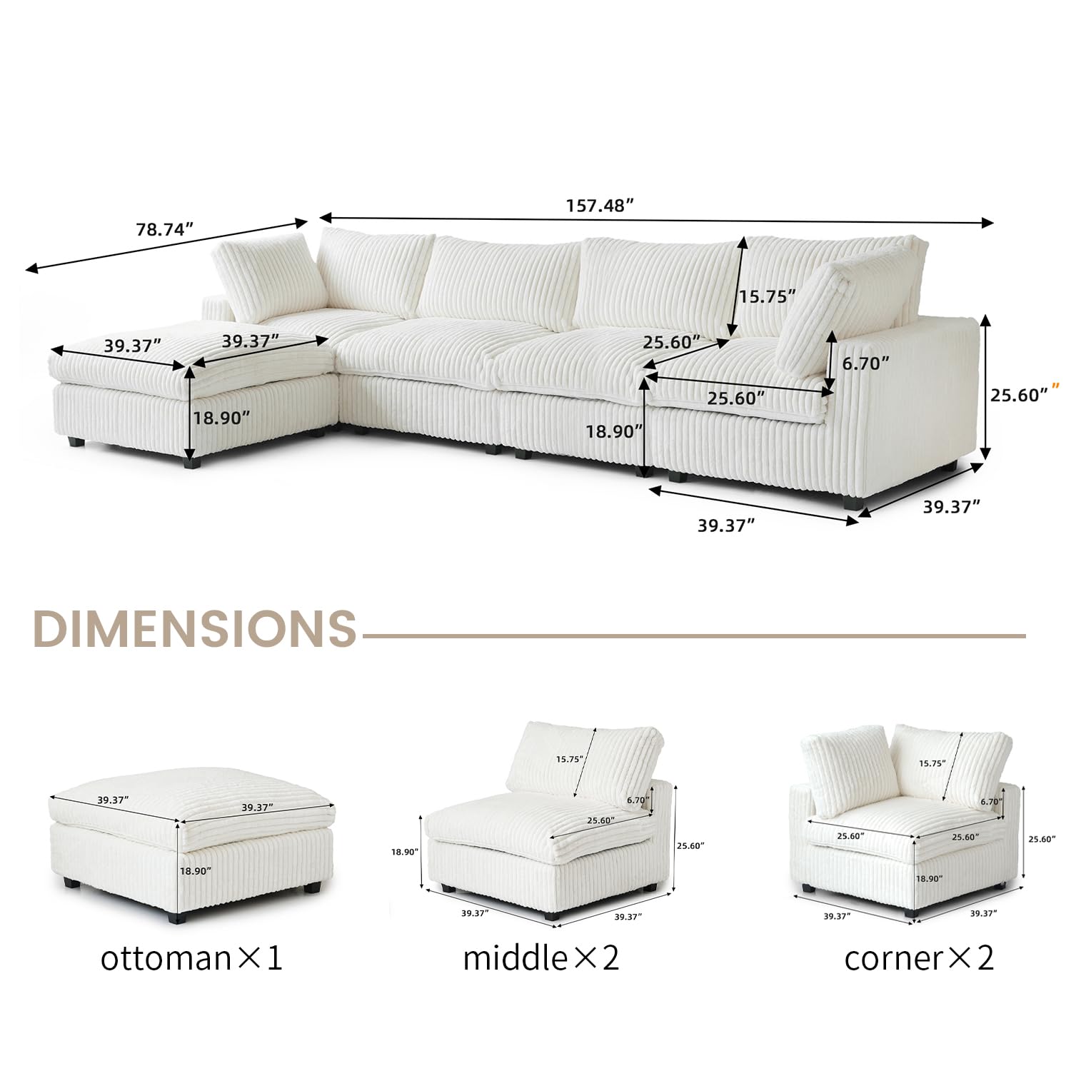 Cloud Couch Modular Sectional Sofa,157" Oversized U Shaped Couch with Ottoman,6 Seater Convertible Sofa,Comfy Plush Couches for Living Room,Covers Washable&amp;Replaceable (White)