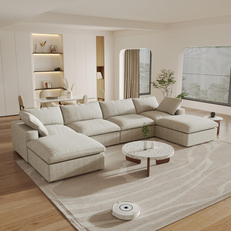 U-Shaped Cloud Modular Sectional Sofa, Down Filled Minimalist Deep-Seat Couch with Ottomans for Living Room