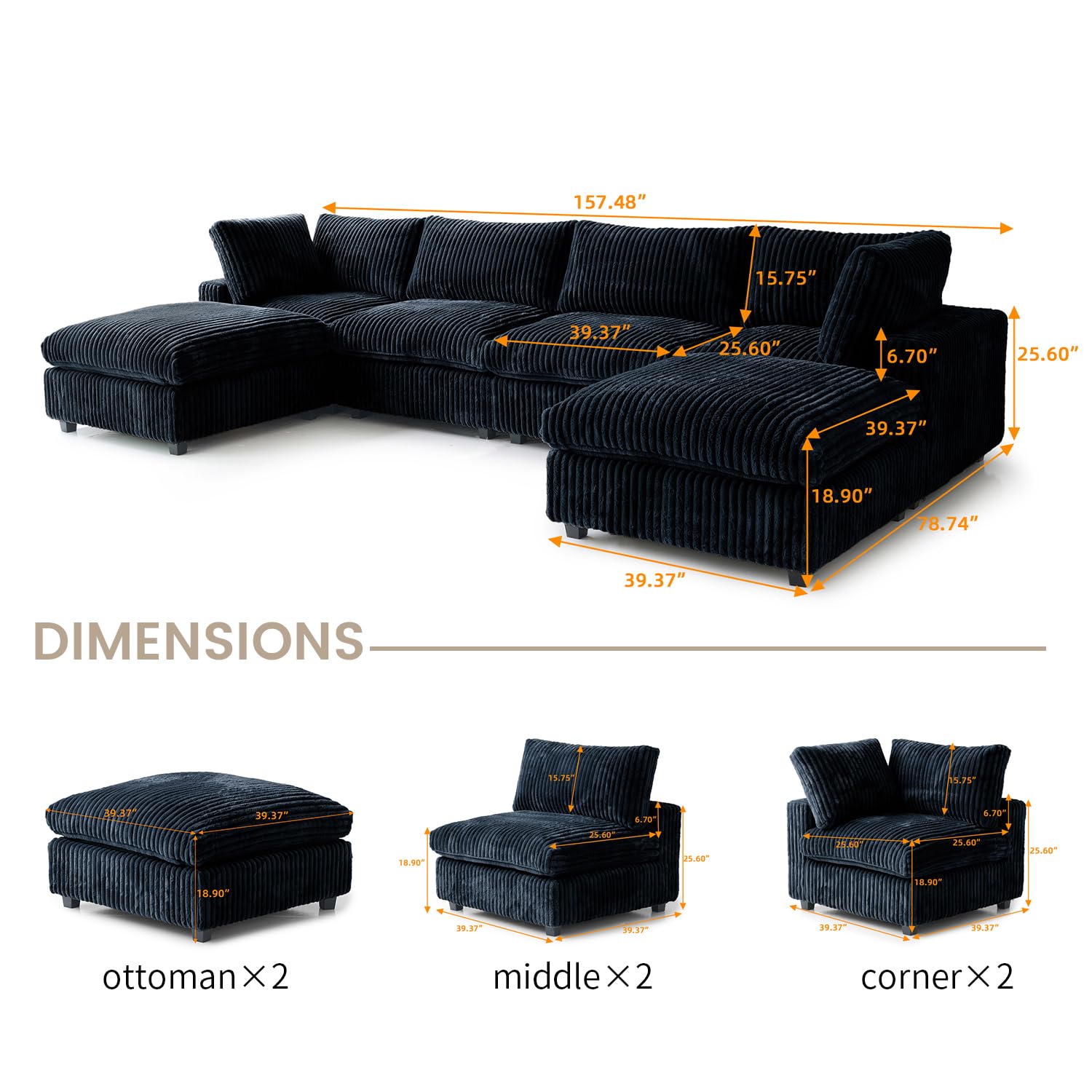 Cloud Couch Modular Sectional Sofa,157" Oversized U Shaped Couch with Ottoman,6 Seater Convertible Sofa,Comfy Plush Couches for Living Room,Covers Washable&amp;Replaceable (White)