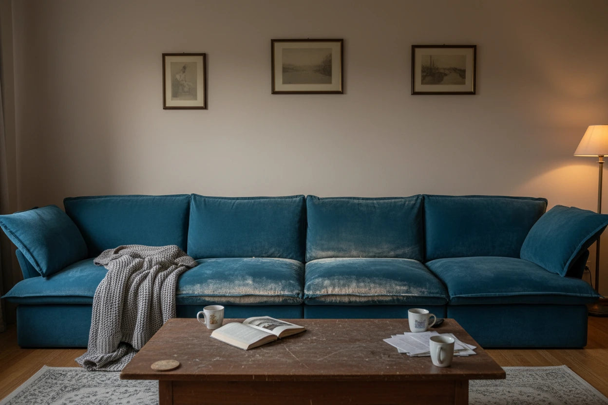 cons of velvet sectional sofa: Cotton Velvet Ages Unevenly