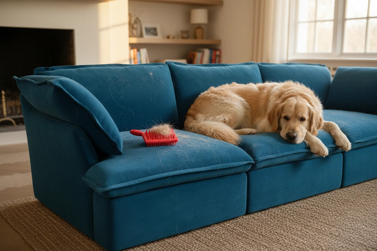 cons of velvet sectional sofa: Pet Hair Embeds Differently